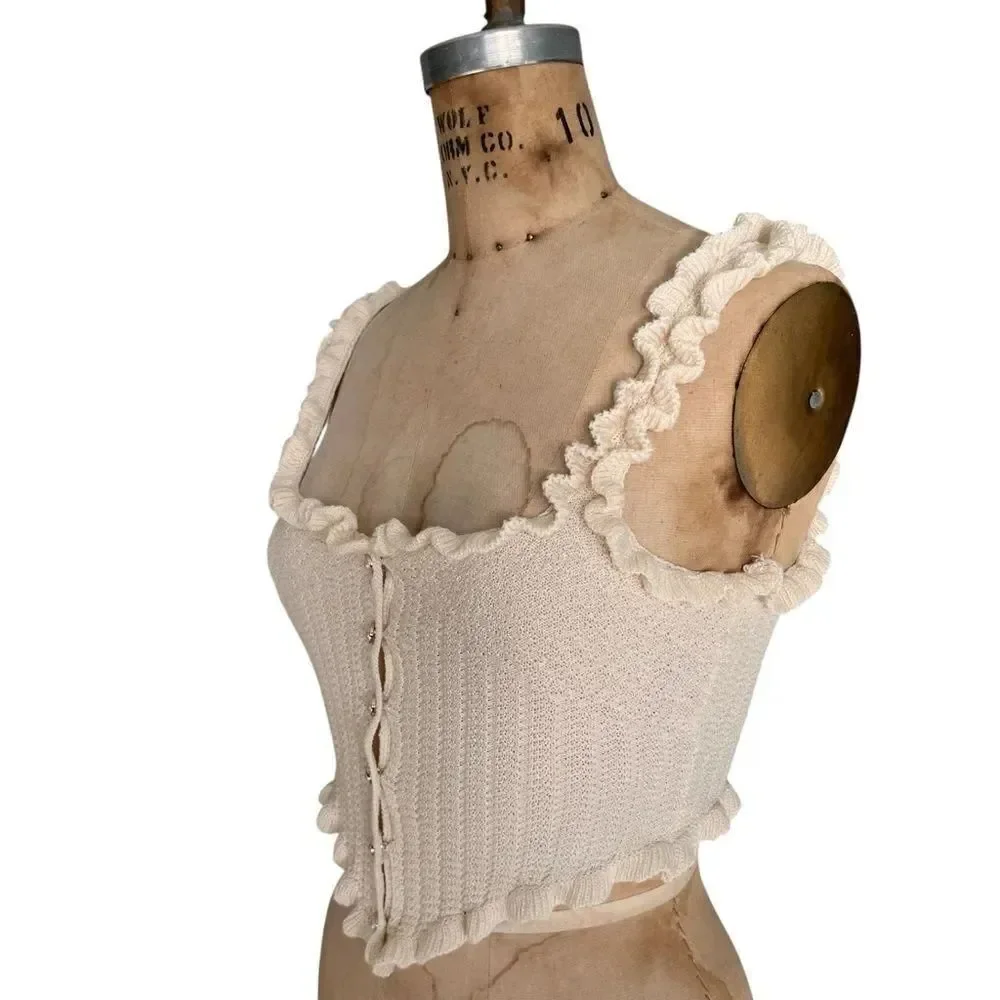 Cream Knit Crop Top with Pearl Button Detailing Size S